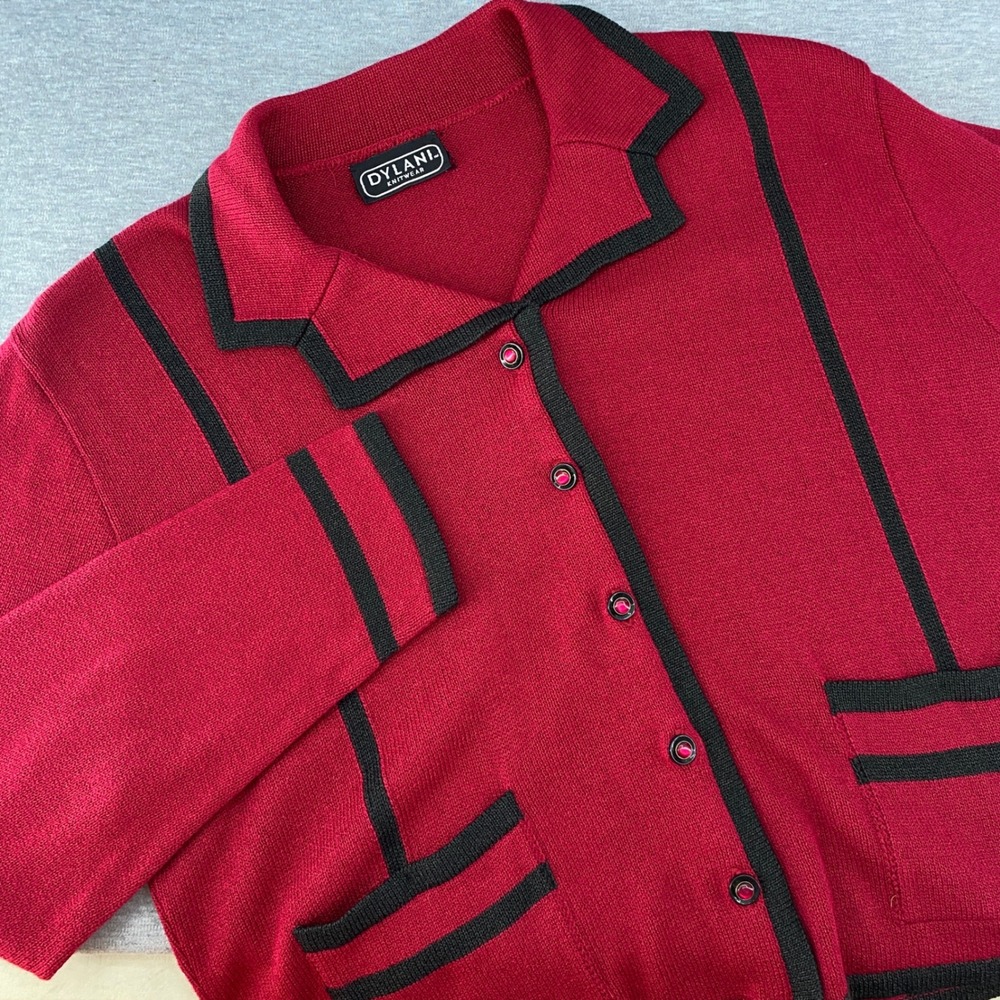 Vintage‎ Dylani Knitwear Red Black Trim Button Front Cardigan Sweater Size L